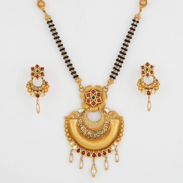 Fancy Gold Mangal SutraPendant Set with Meena work and Beautiful white Pearls