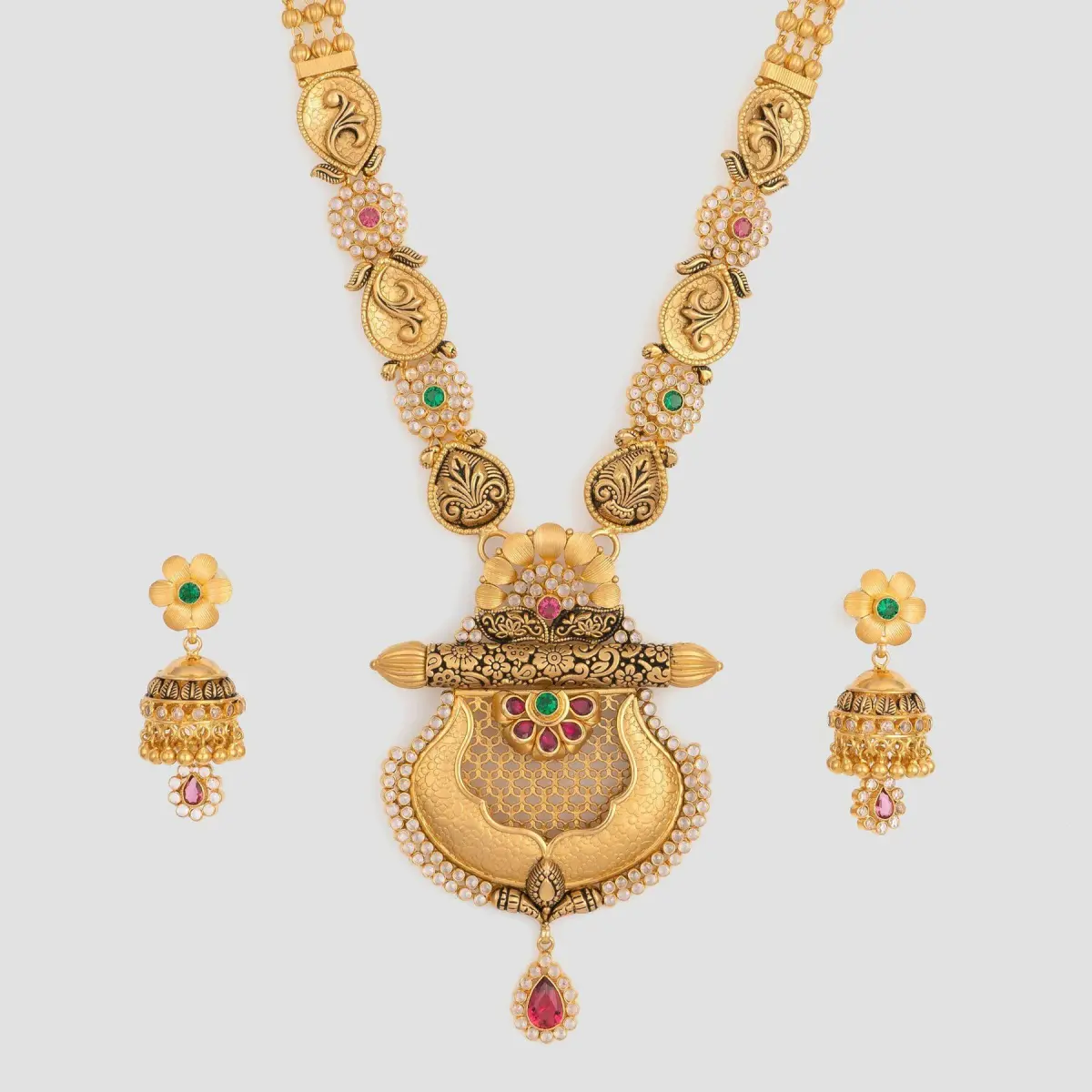 Amazing Shape Gold Long Antique Ranihar Sets in Beautiful Design & Kundan work for Ladies