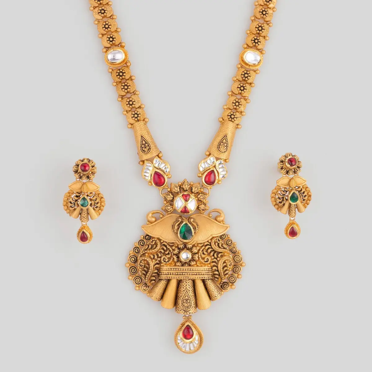 Adoreable Gold Antique Long Ranihar Set for Ladies with Flowers Design