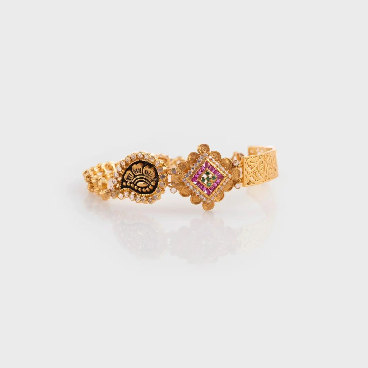 Antique Gold Bracelet with Flowers & leaf Shape in Amazing Kundan and Meenakari work