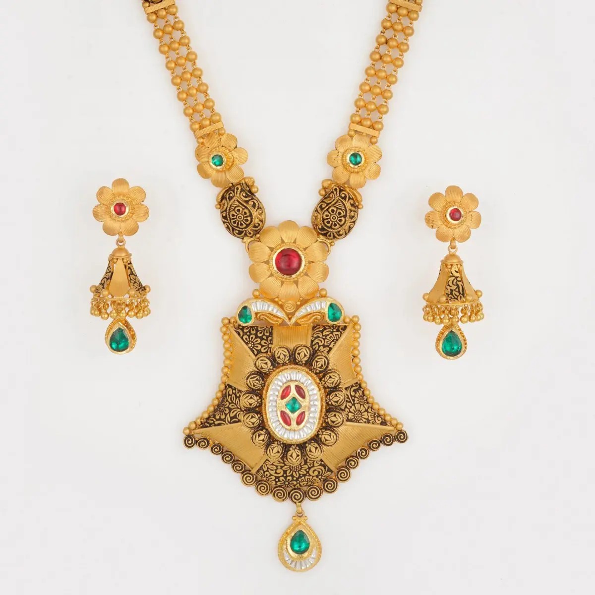 Beautiful Flowers & leaf Design Gold Ranihar Set with Kundan work for Ladies