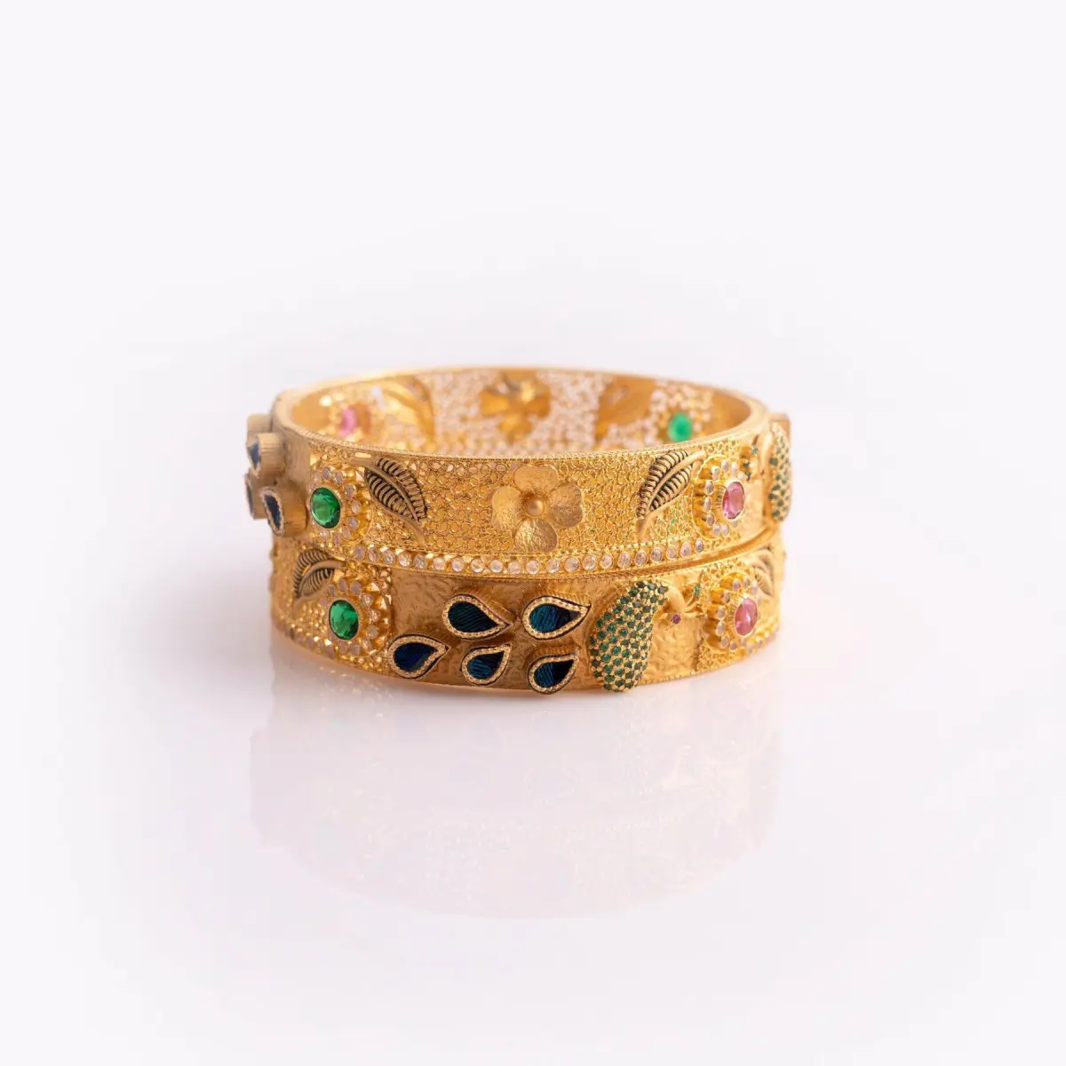 Ladies Gold Bangles in Leaf Design and Drop Design with Meena Work and Stones