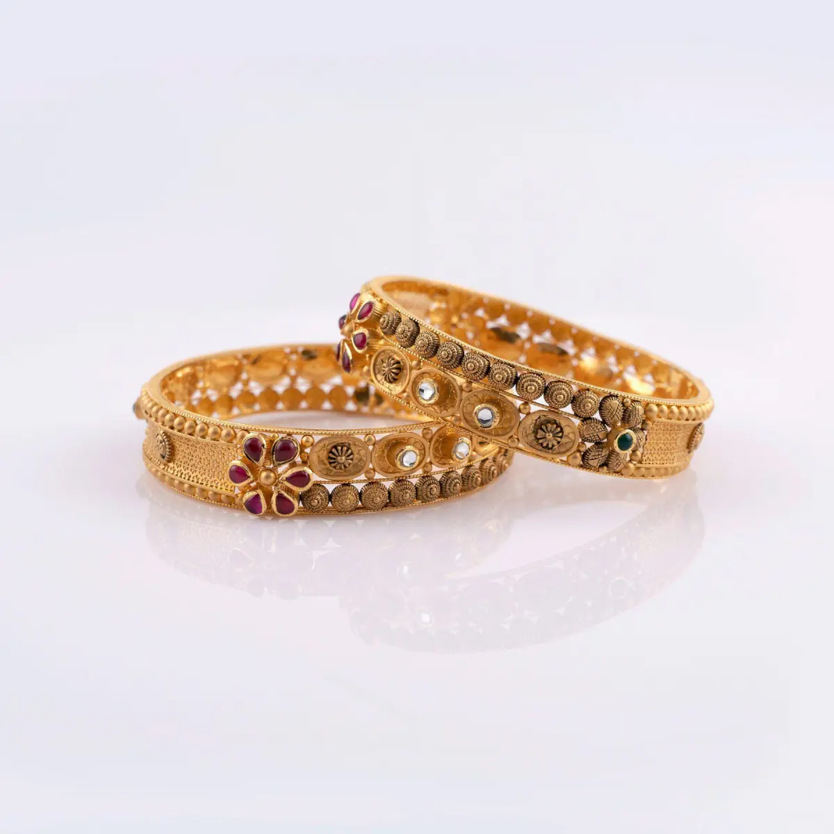 Elegant Gold Bangles for Ladies with Flowers design and Stones