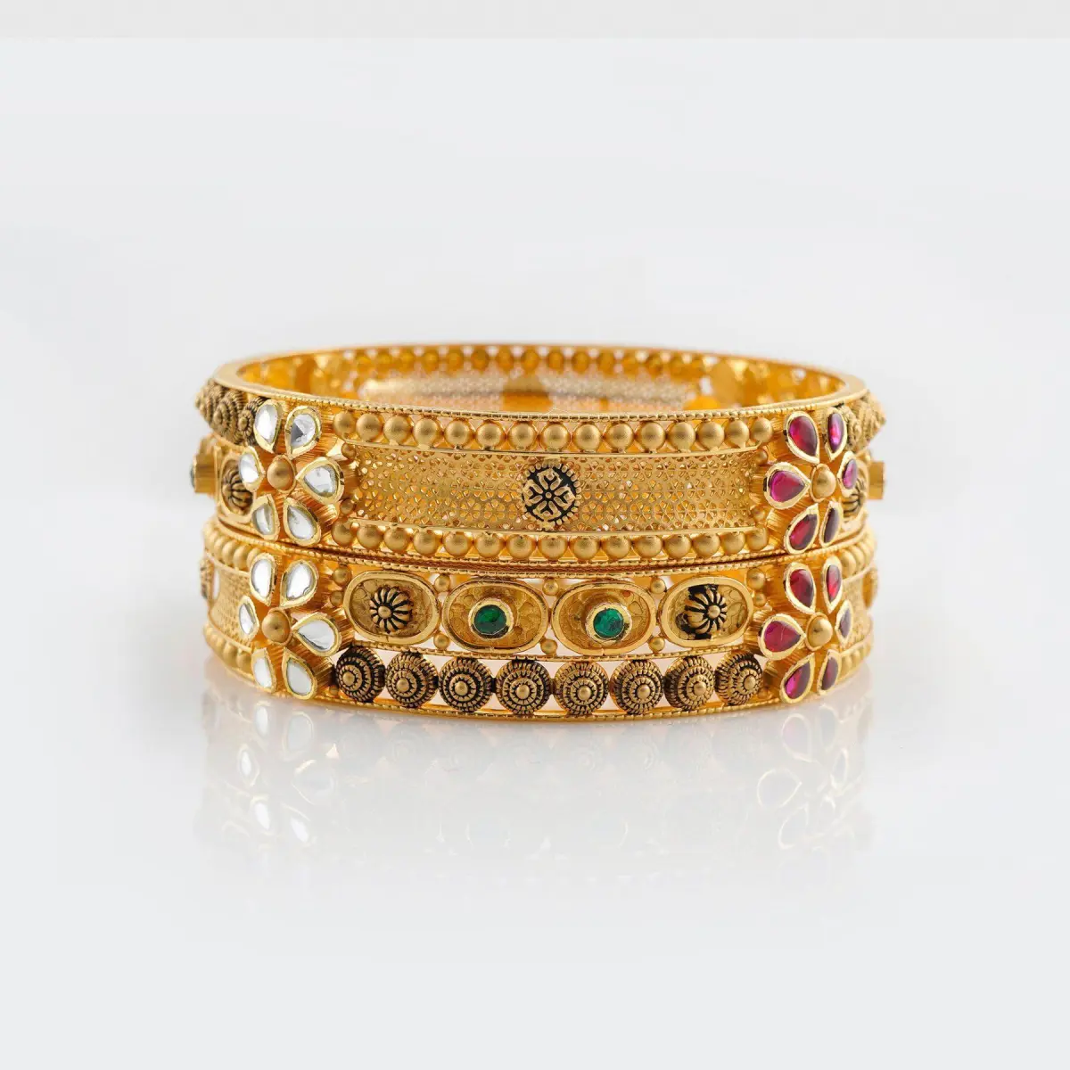 Gold Bangles for Ladies with Beautiful Stones in Flowers Design