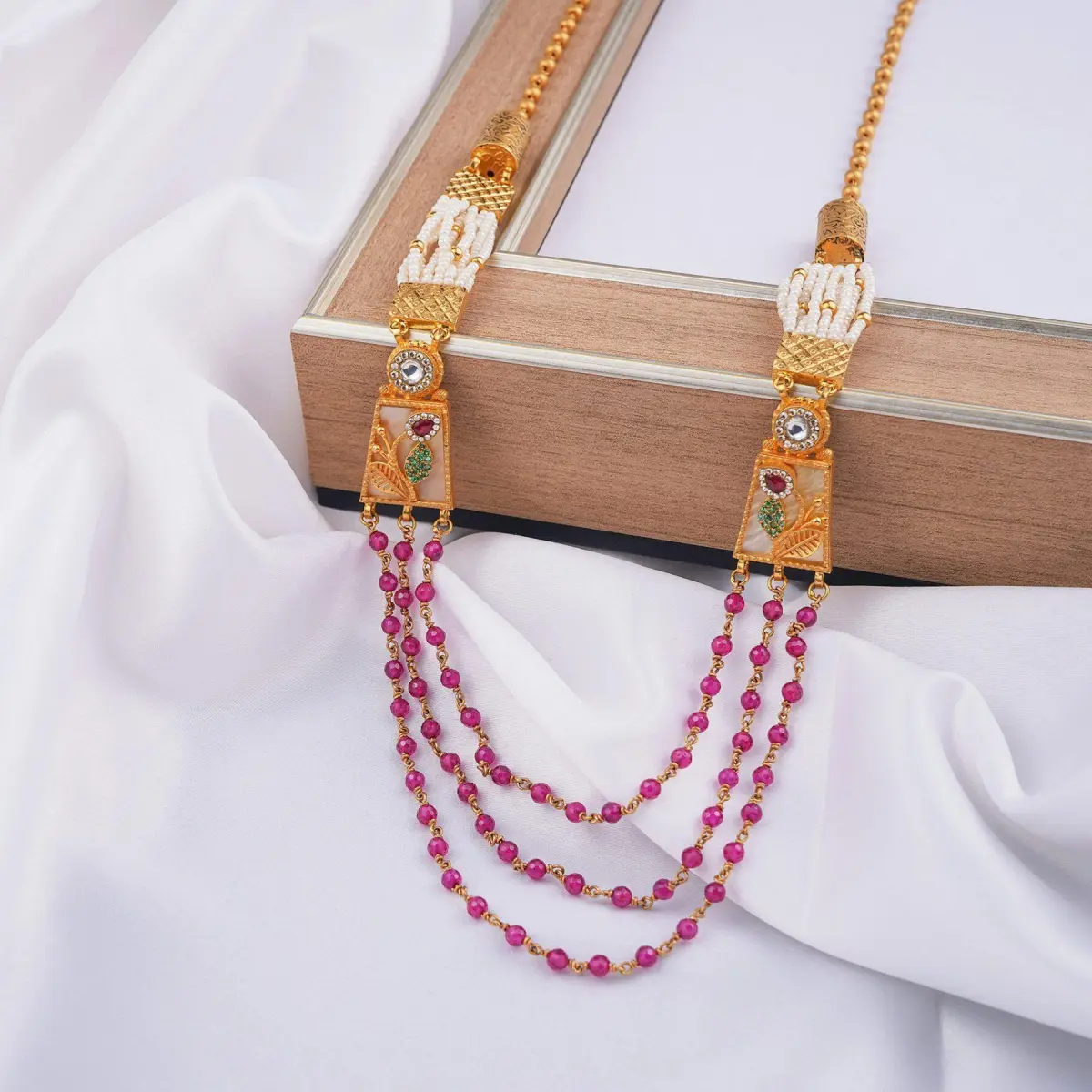 Gold 3 Layer Matar Mala with Pink Stones and Beautiful Designs