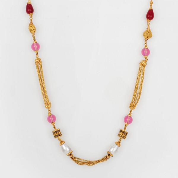 Fancy Antique Gold Mala Chain with Pink ,White & Red Beads