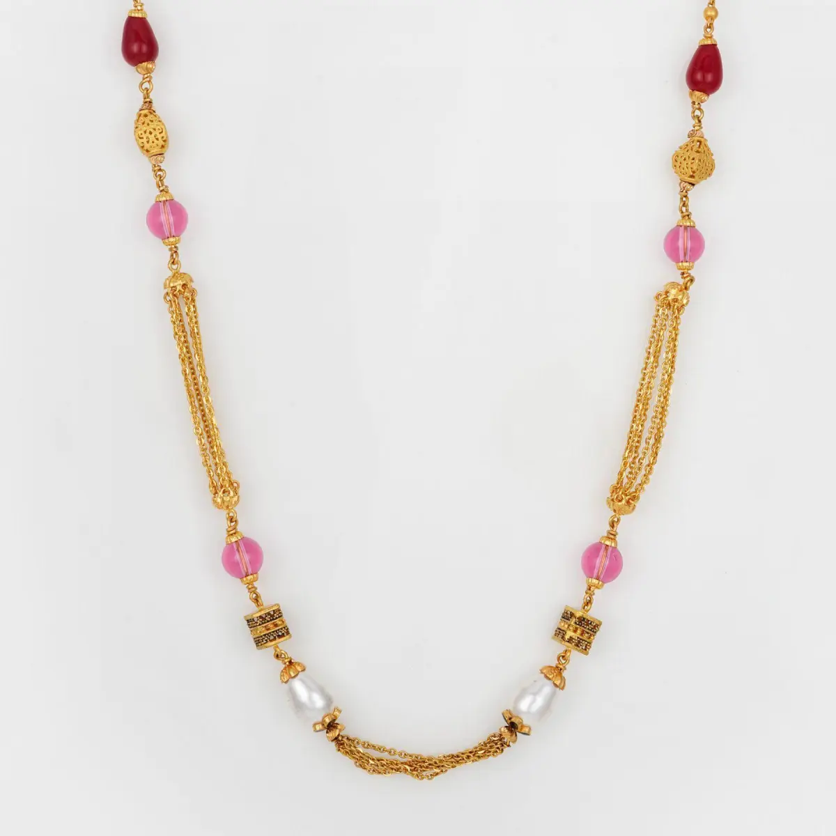 Fancy Antique Gold Mala Chain with Pink ,White & Red Beads
