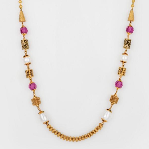 Elegant Antique Gold Mala Chain With Pink And White Pearls