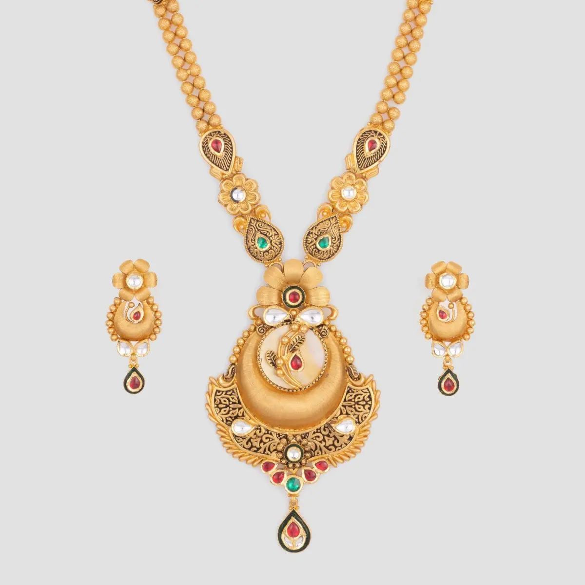 Antique Gold Long Ranihar Set with Flowers & leaf Shape in Amazing Kundan and Meenakari work