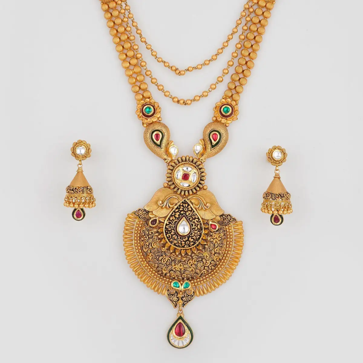 Adoreable Gold Antique Long Ranihar Set for Ladies with Flowers Design