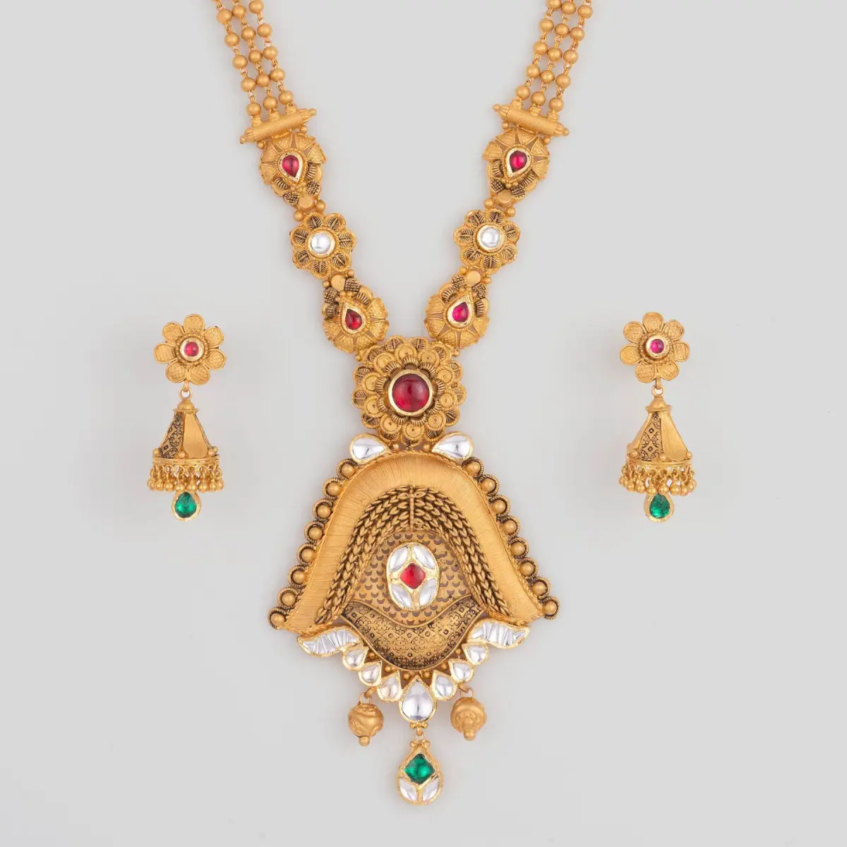 Beautiful Flowers & leaf Design Gold Ranihar Set with Kundan work for Ladies