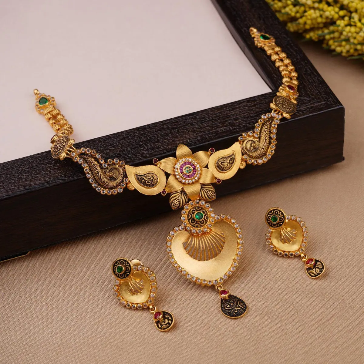 Adoreable Gold Necklace Set in Antique Design with Beautiful Meena work & Stones
