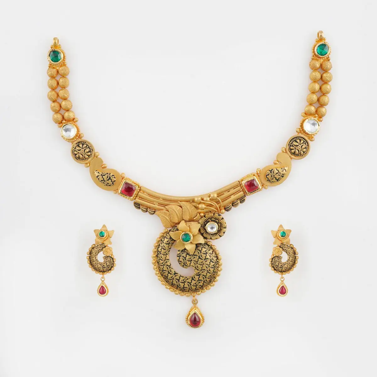 Fancy Gold Antique Necklace Set with Flowers Design in Meena & Stones Work