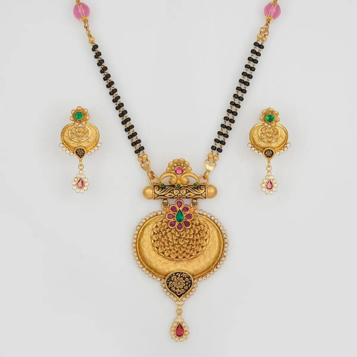 Beautiful Gold Mangal Sutra Pendant Set in Flowers Design in Meena work and Stones