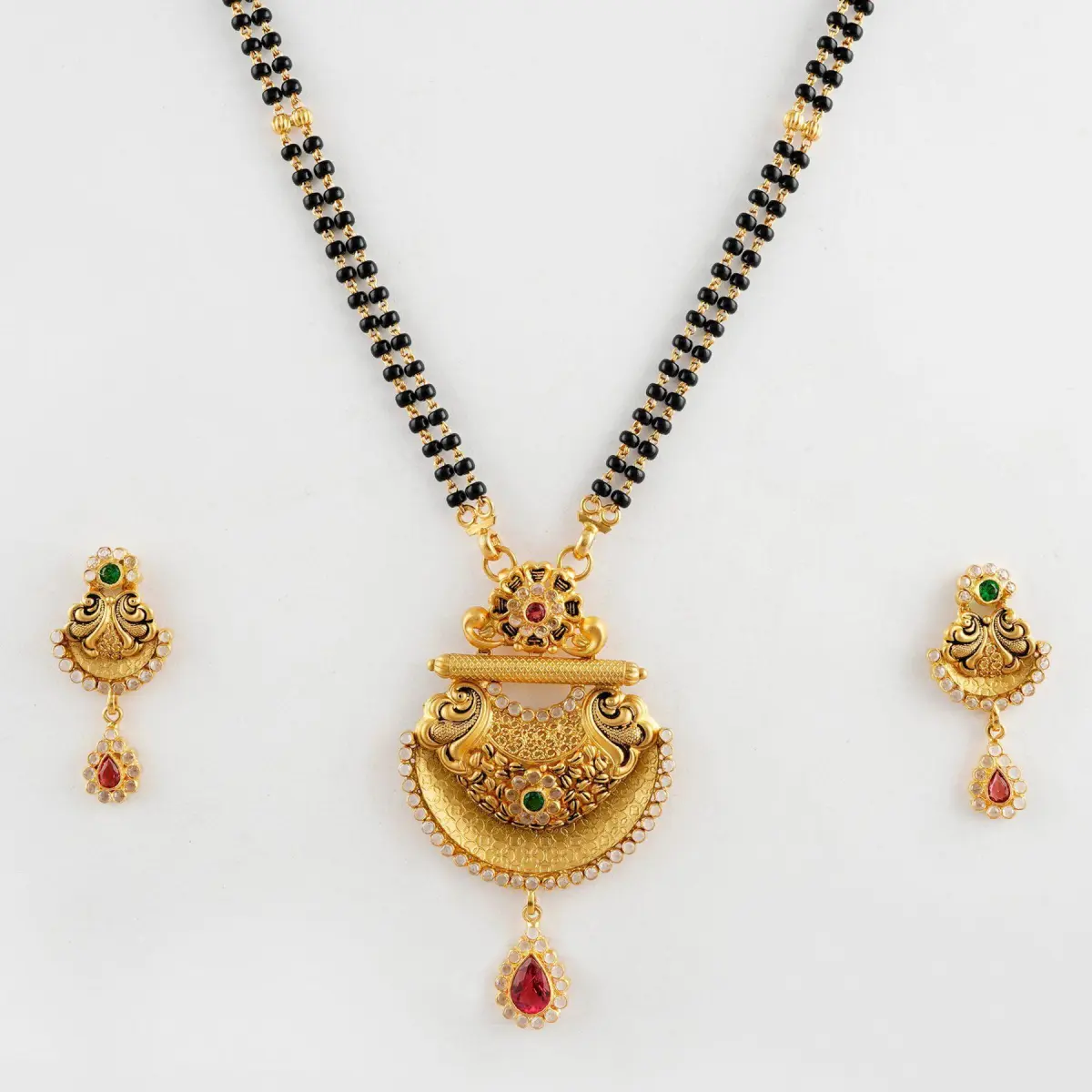 22k Gold Mangal Sutra Pendant Set with Earrings, Meena work and Beautiful Design for Ladies