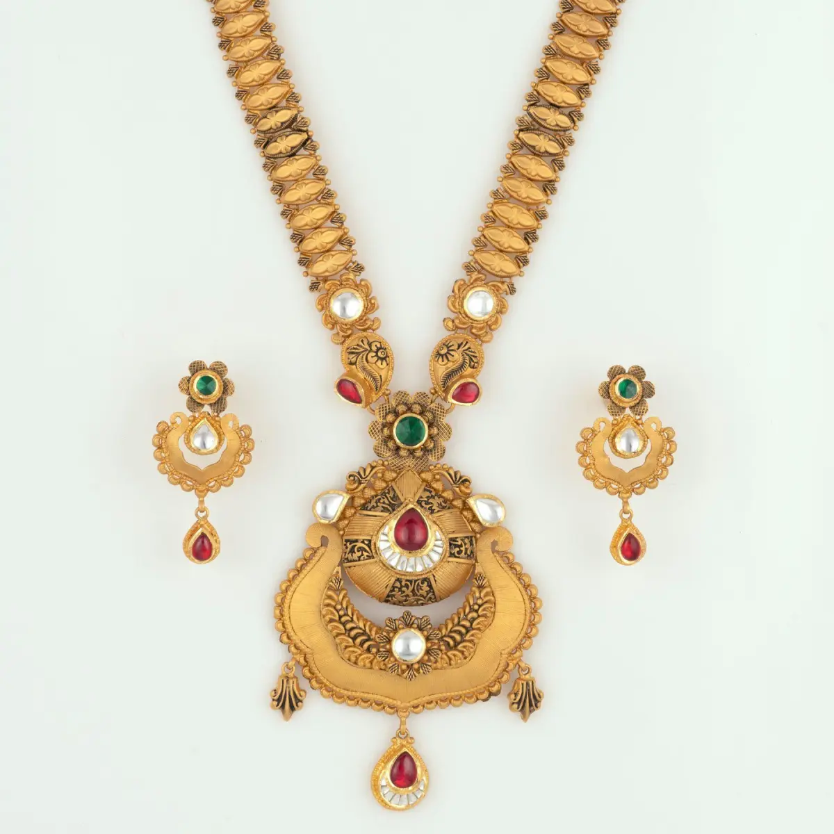 Adoreable Gold Antique Long Ranihar Set for Ladies with Flowers Design
