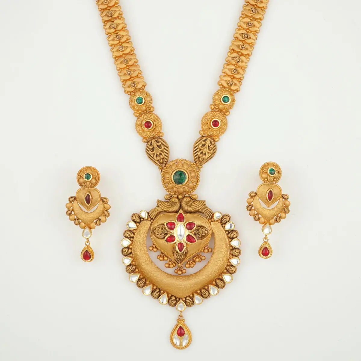 Beautiful Flowers & leaf Design Gold Ranihar Set with Kundan work for Ladies