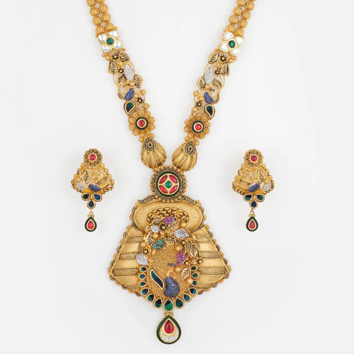 Elegant Flowers Design Gold Ranihar Set for Ladies with Zerkon Stones & Beautiful Design