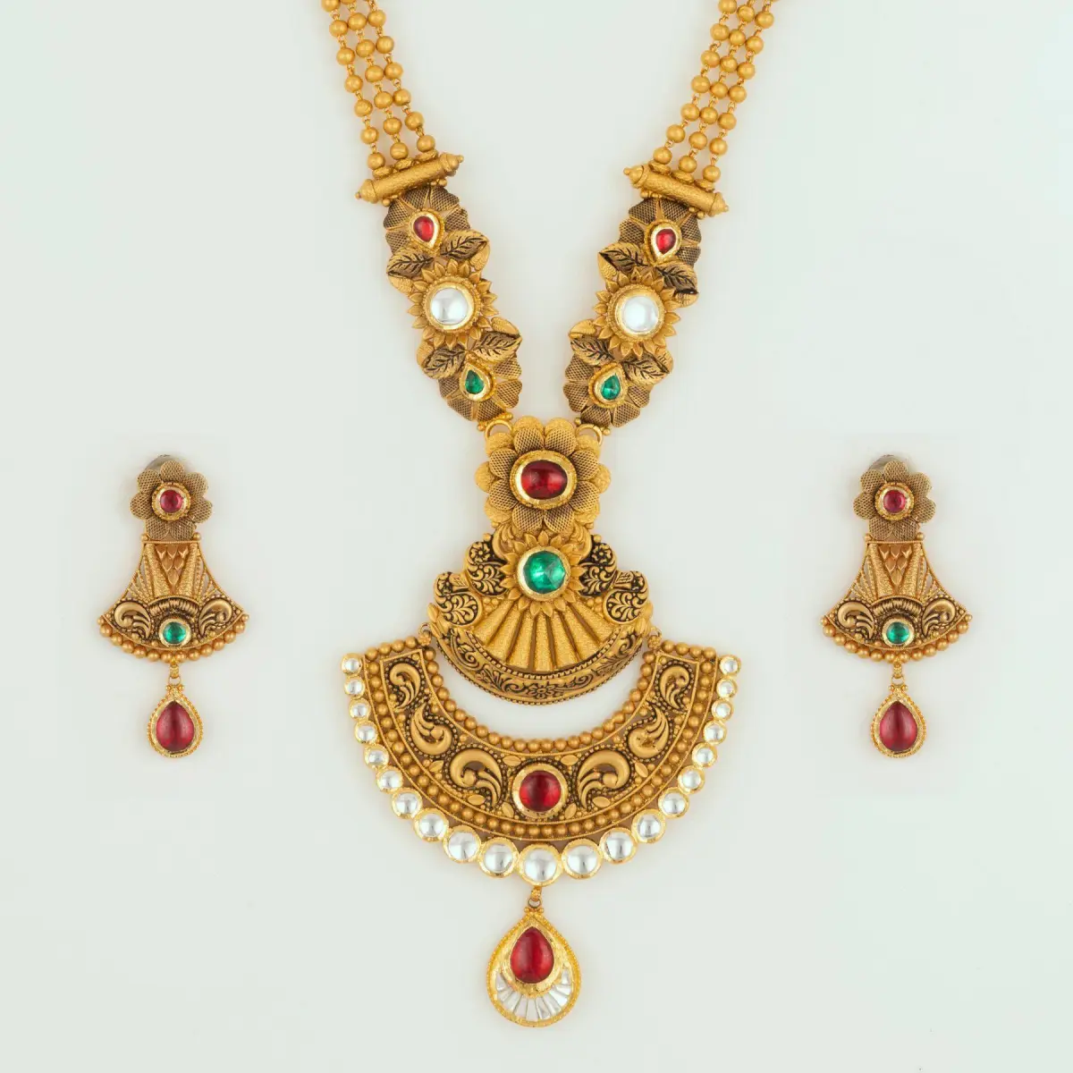 Beautiful Kundan & Meena work with Amazing Design Gold Long Antique Ranihar Set