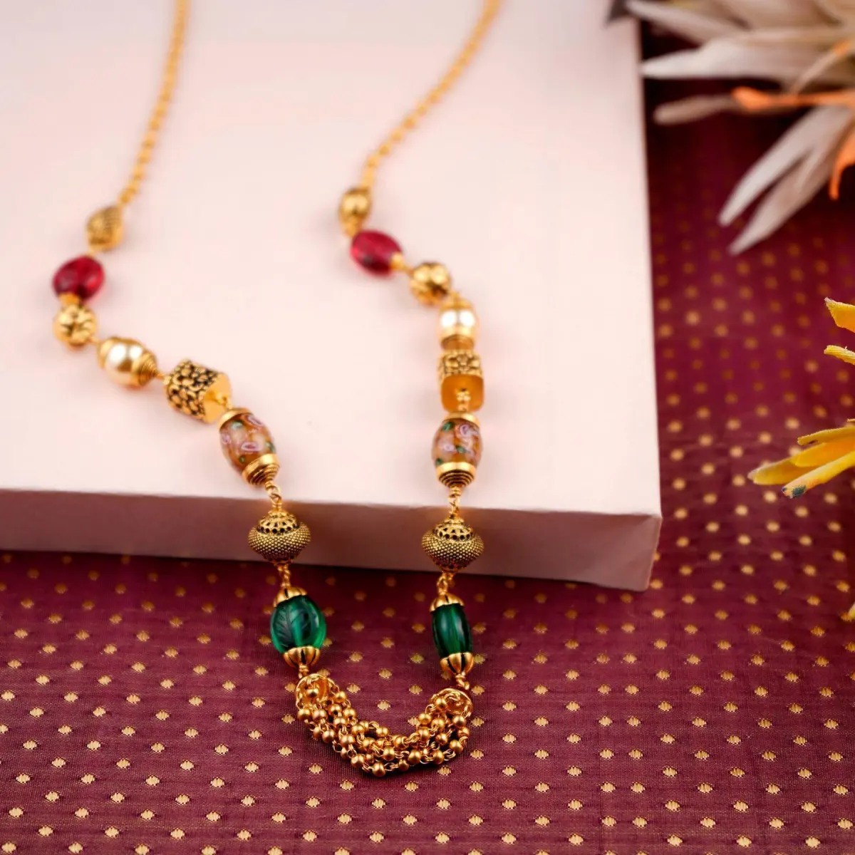 Beautiful Gold Mala Red And Green Beads with Beautiful Design