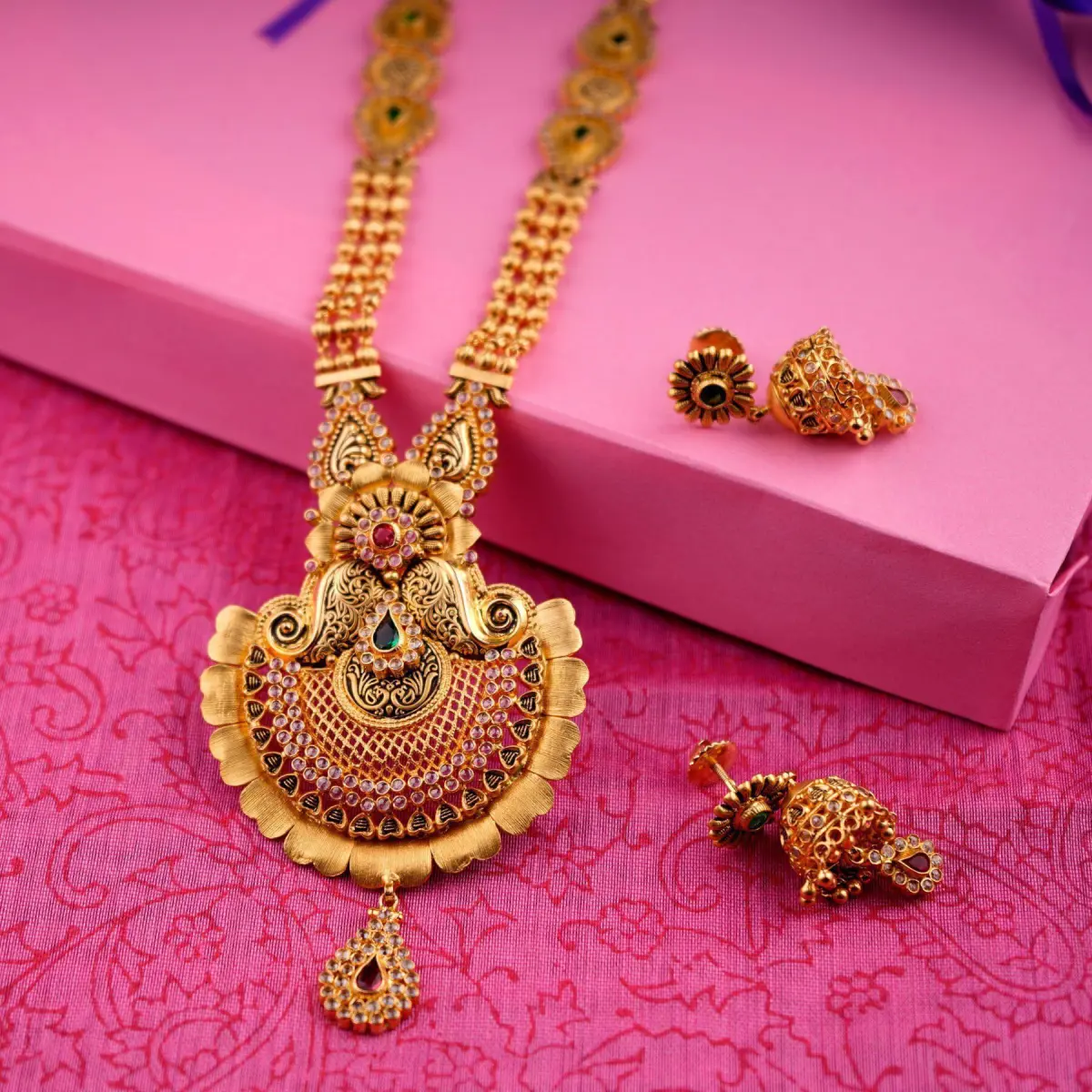 Elegant Flowers Design Gold Ranihar Set for Ladies with Zerkon Stones & Beautiful Design
