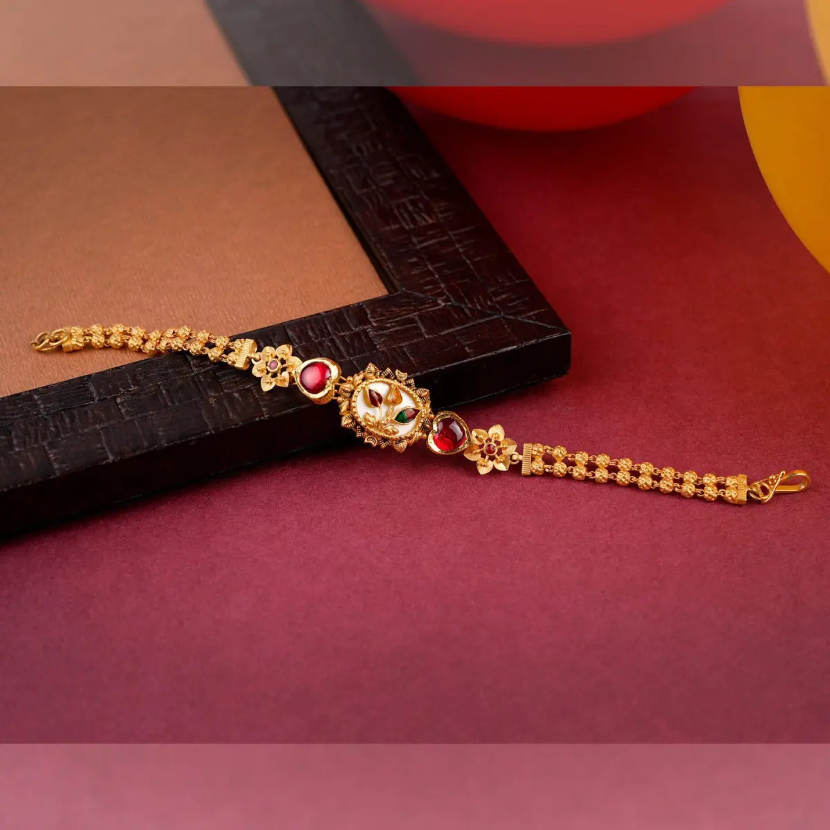 Gold Antique Bracelete for Ladies with Flowers & leaf Design in Kundan Stones