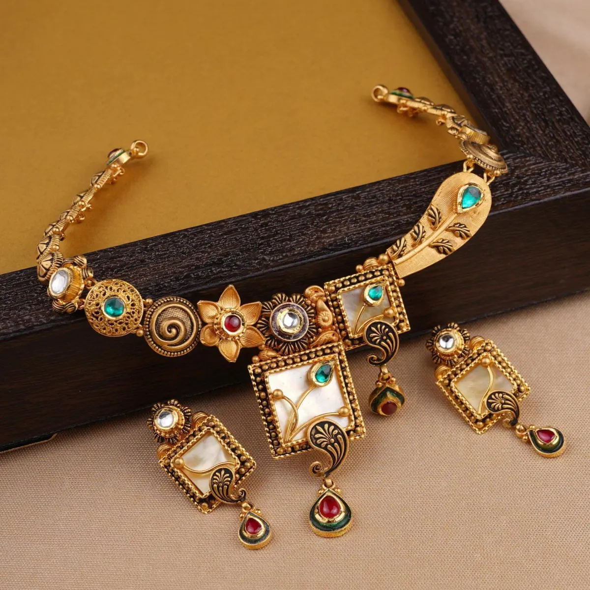 Fabulous Gold Square Shape Necklace Set for Ladies in Flowers & Leaf Design with Meena