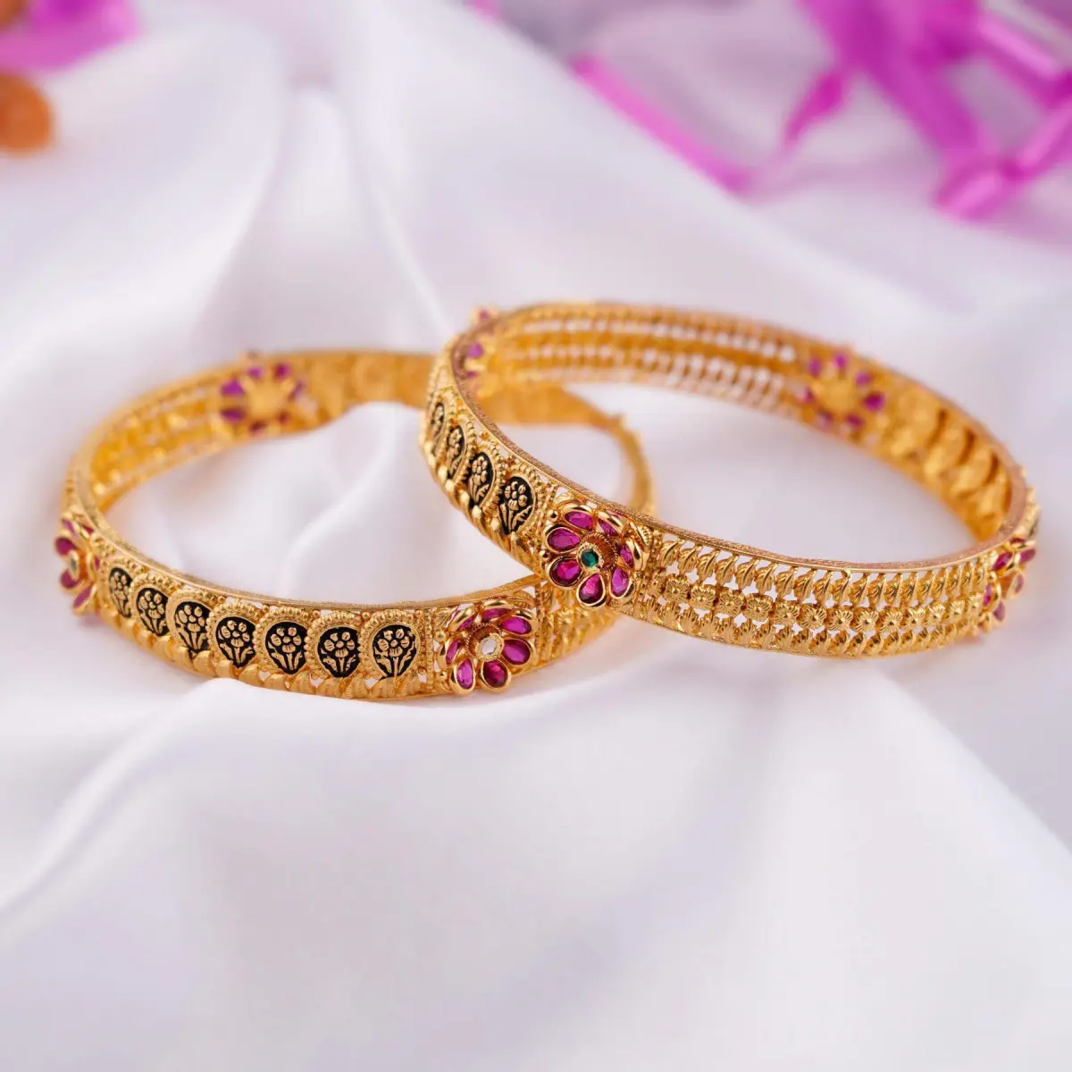Gold Bangles in Flowers Design and Meena work with Stones for Ladies
