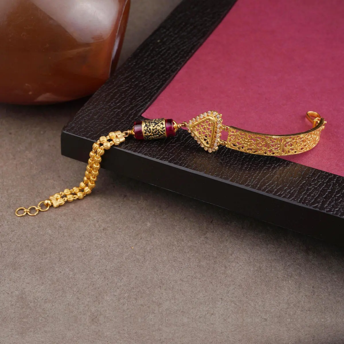 Antique Gold Bracelet with Flowers & leaf Shape in Amazing Kundan and Meenakari work