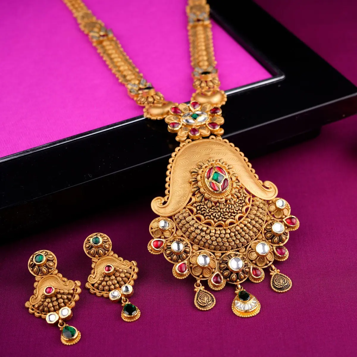 Beautiful Gold Ranihar Set with Kundan work for Ladies in Flowers & Leaf Design