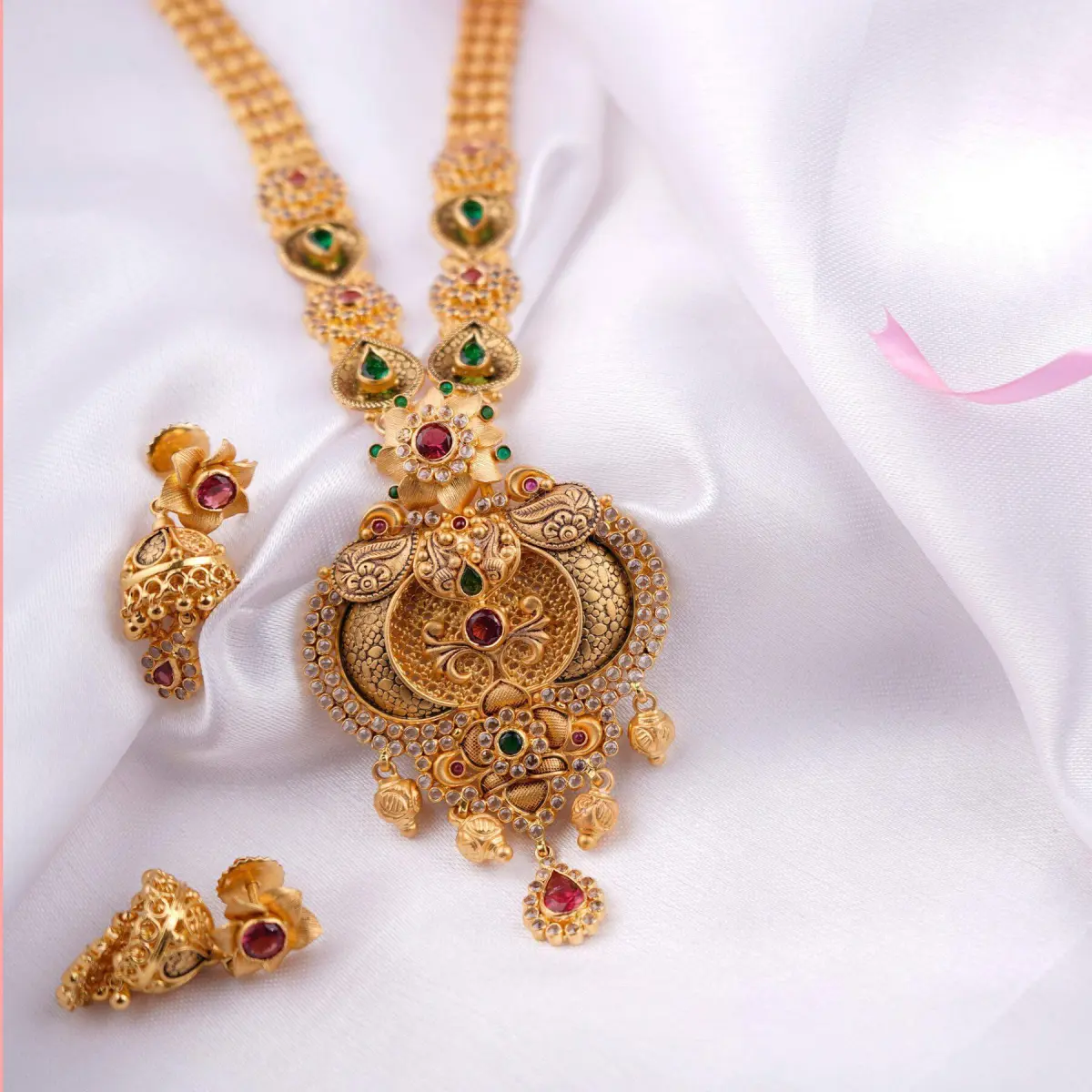 Amazing Shape Gold Long Antique Ranihar Sets in Beautiful Design & Kundan work for Ladies