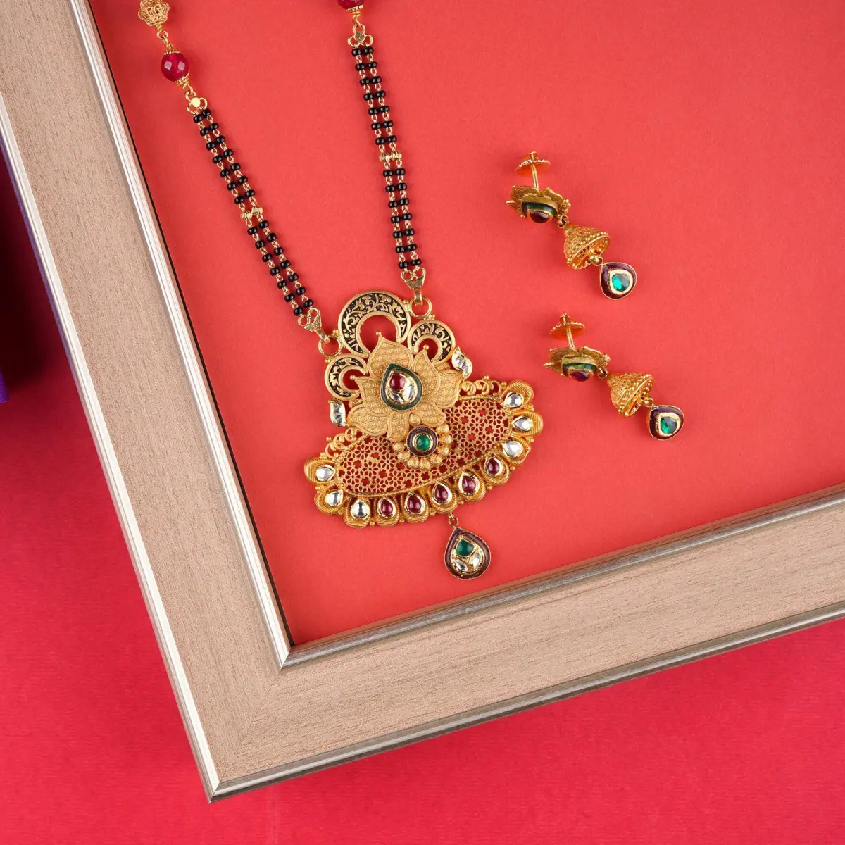 Amazing Gold Mangal Sutra Pendant Set with Earrings in Beautiful design for Ladies