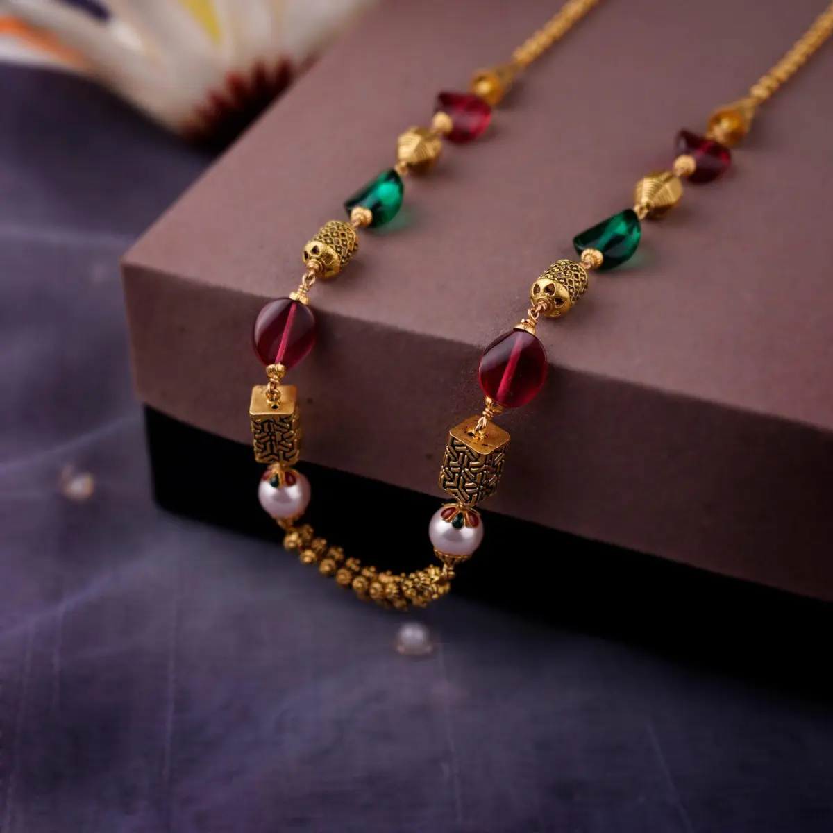 Beautiful Gold Antique Matar Mala with Red and Green beads