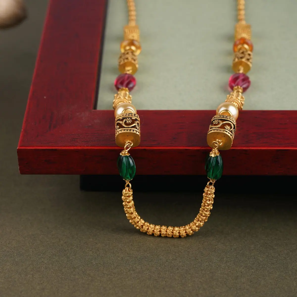 Fancy Antique Matar Mala Chain with square designs and Pearls