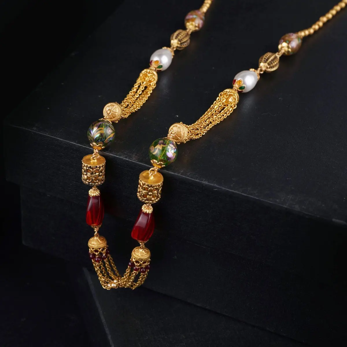 Gold Matar Mala Chain with Beautiful Red & Green Pearls