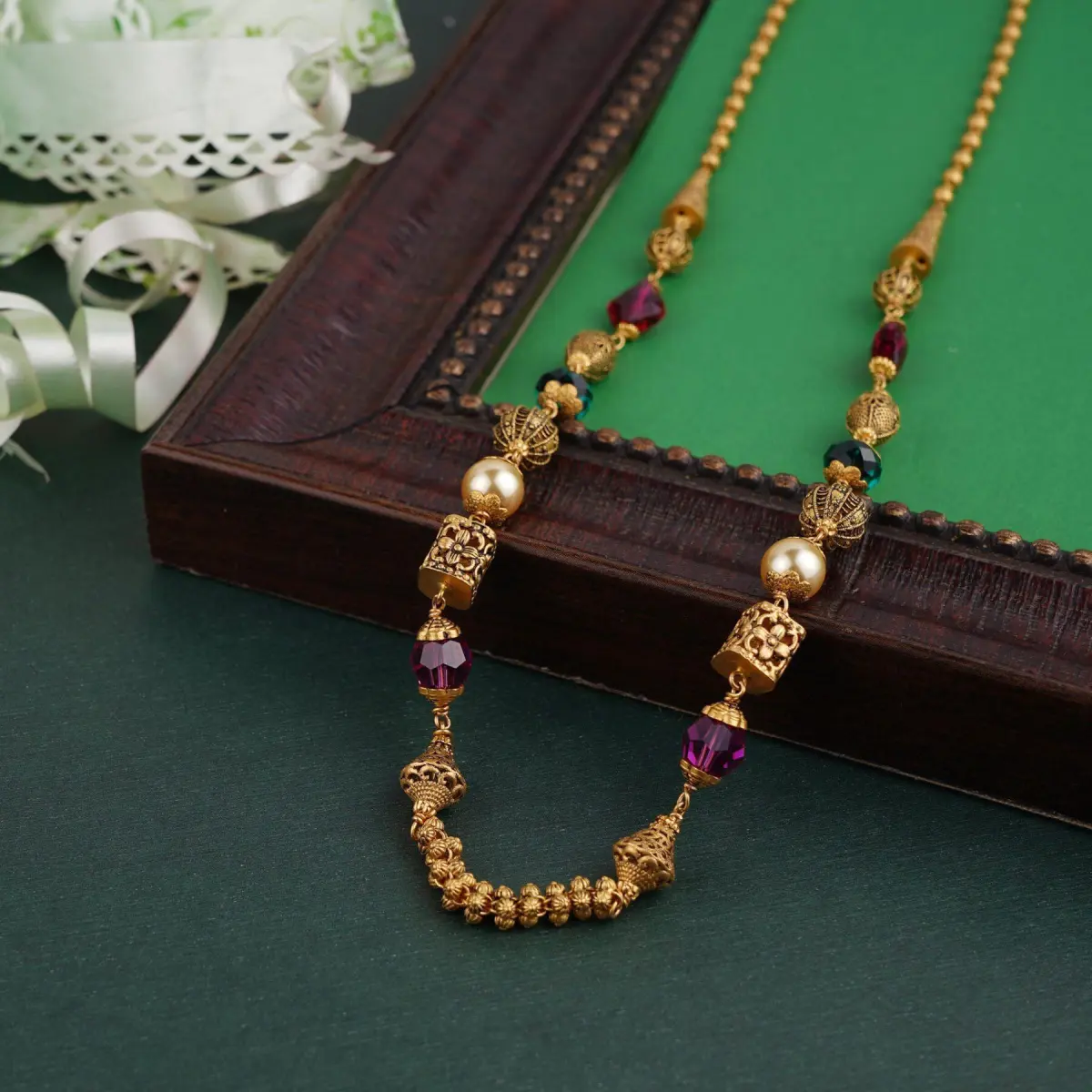 Fancy Gold Matar Mala for Ladies with Maroon & Green Beads