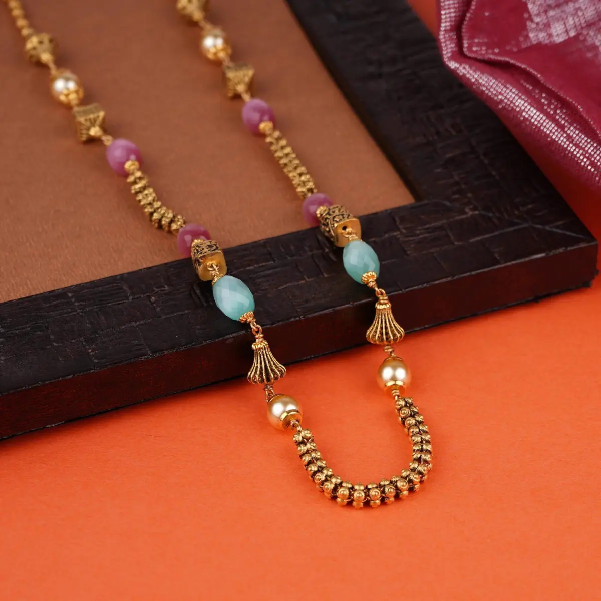 Amazing Matar Mala Gold Chain with Beautiful Pink & sky-Blue Pearls