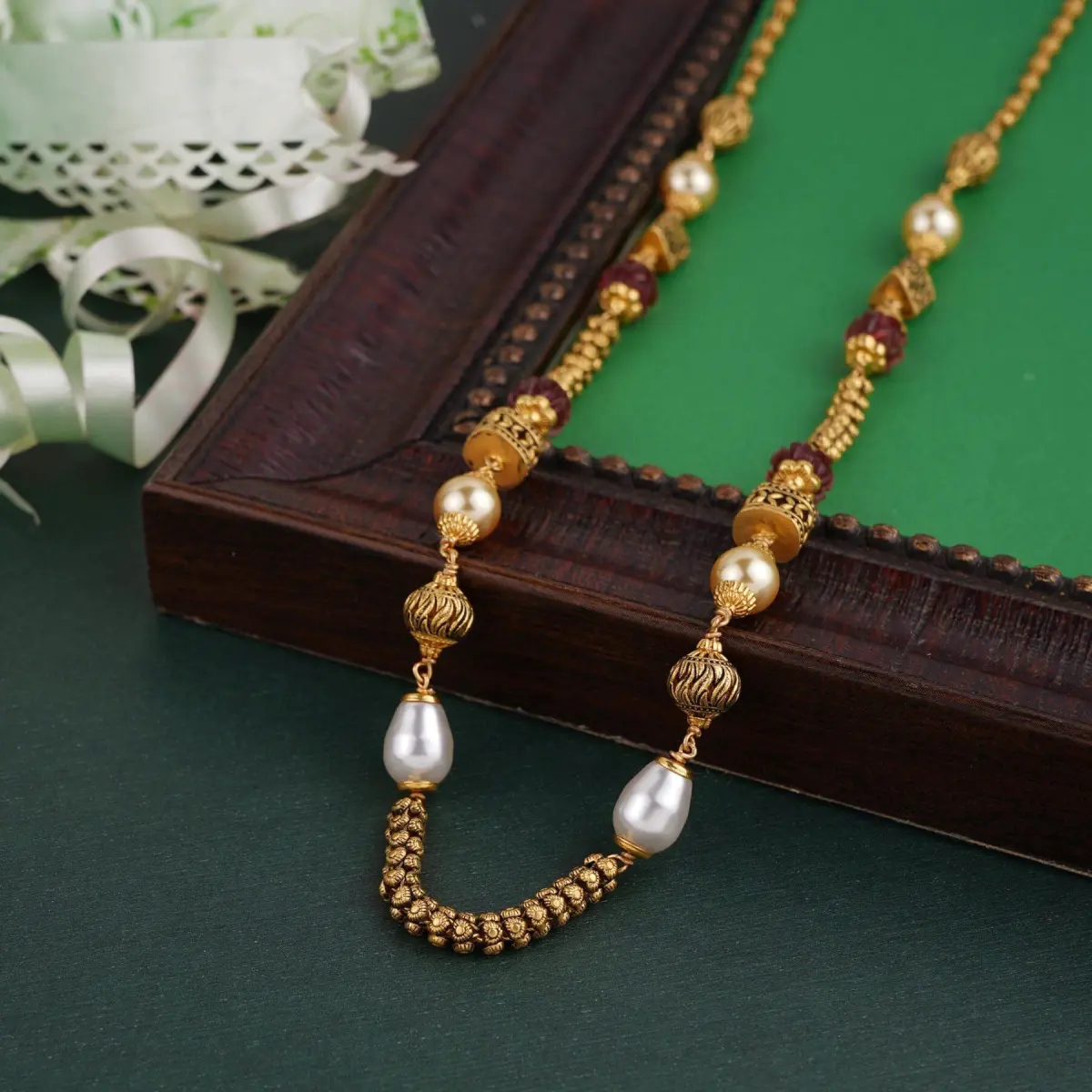 Beautiful Gold Matar Mala with White Pearls