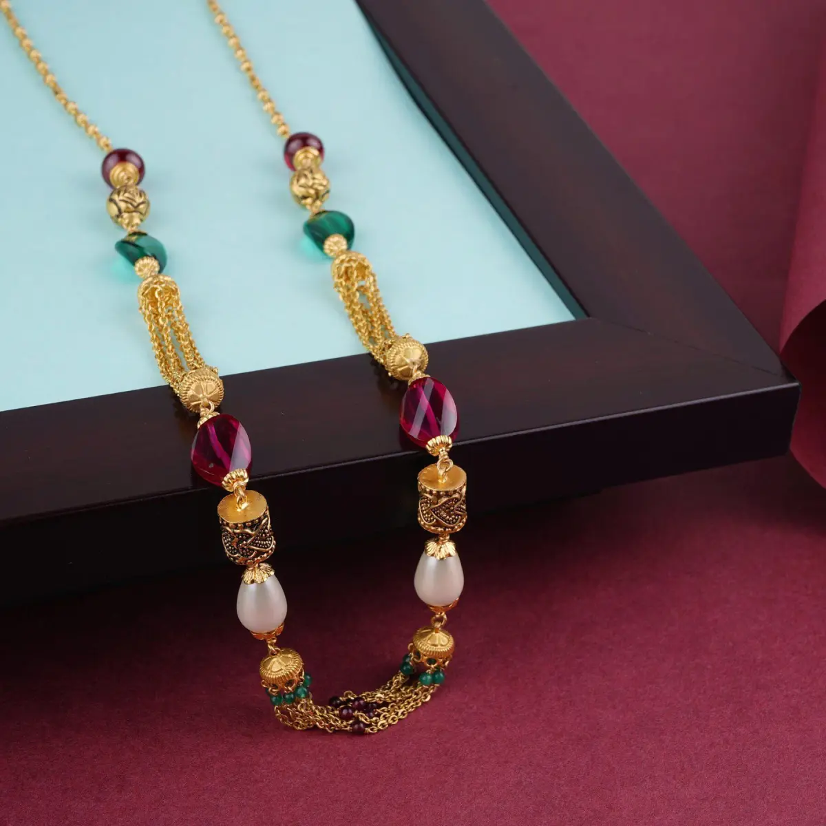 Gold Antique Matar Mala with Red and Green Pearls