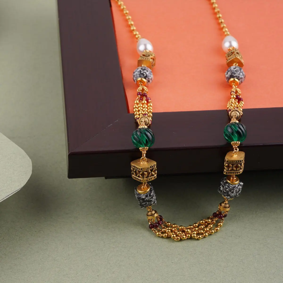 22k Pure Gold Matar Mala in Antique design & Pearls