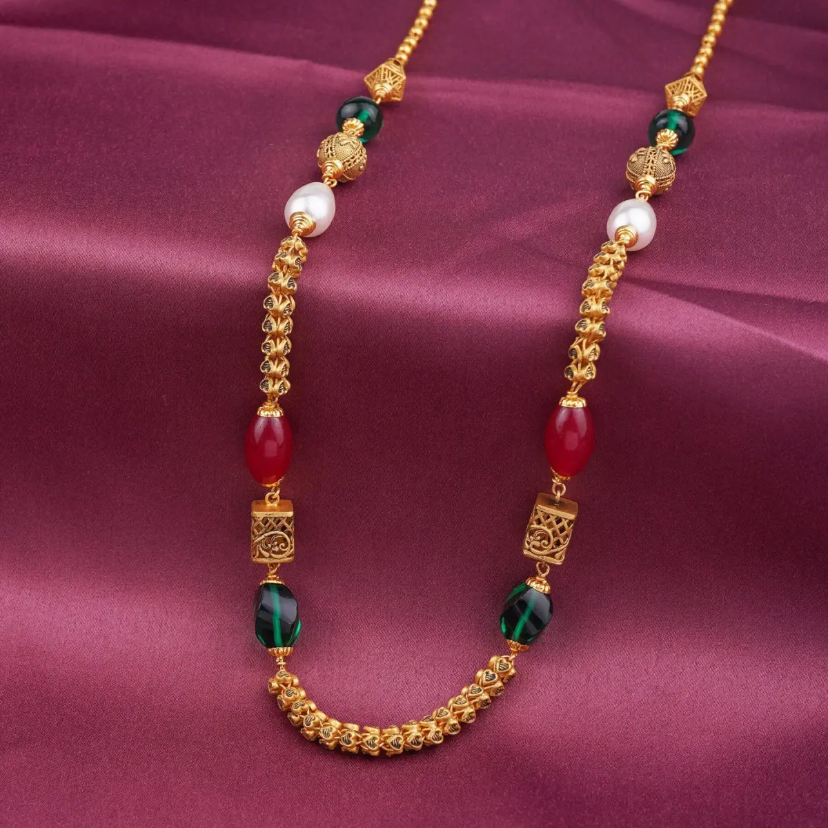 916 Hallmark Gold Matar Mala with Green & Red Pearls