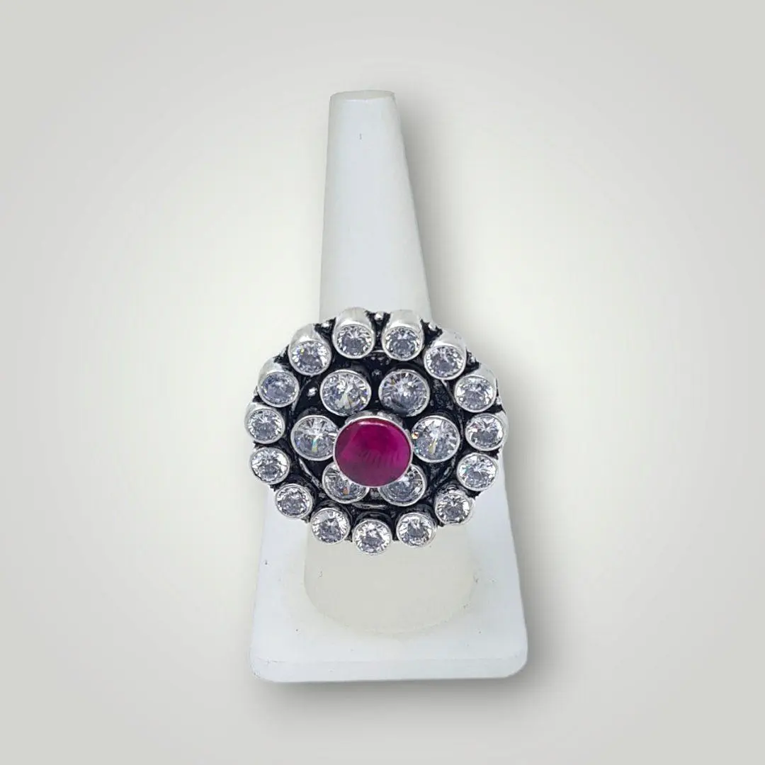 Beautiful Silver Ladies Cocktail Ring with White & Pink Stones