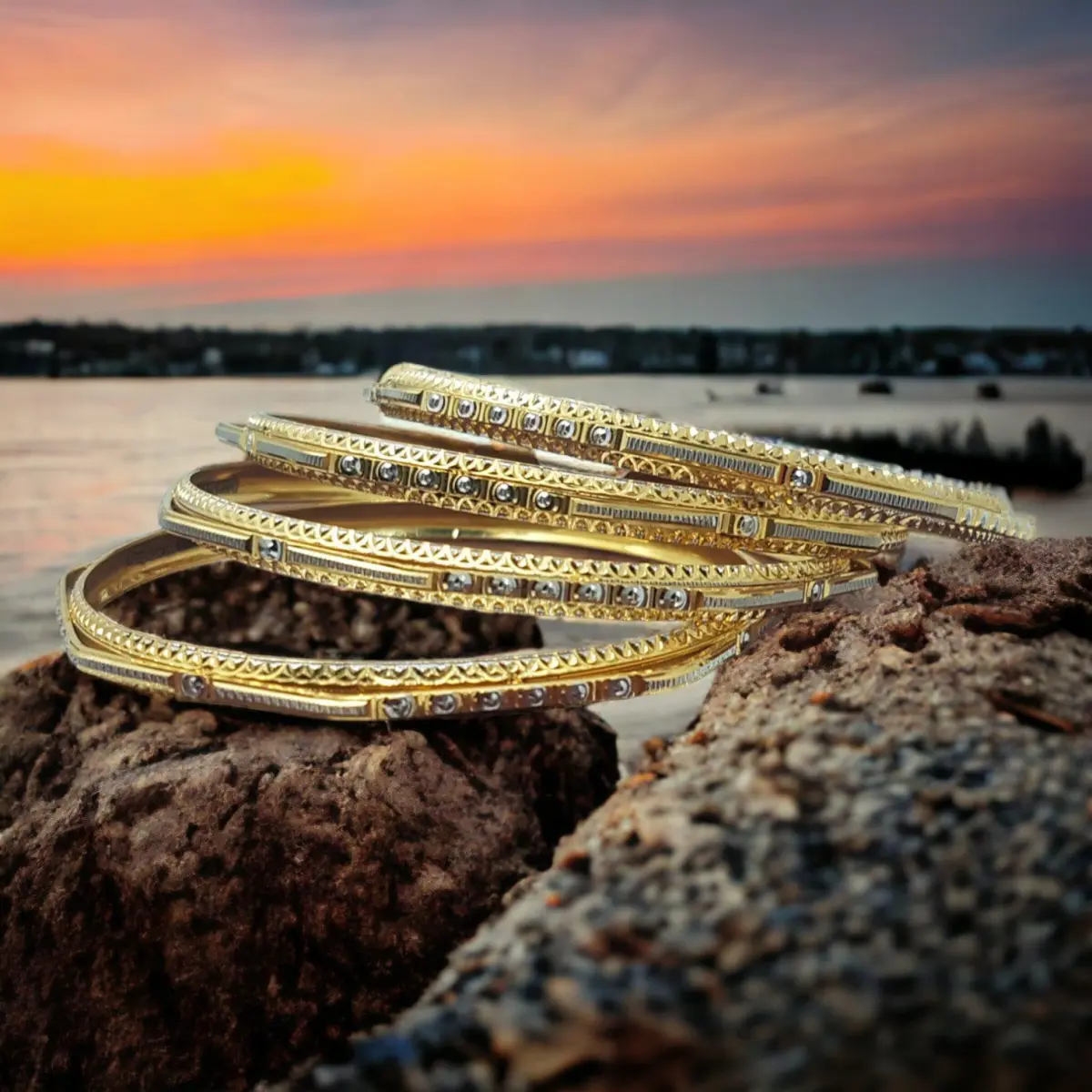 Unique Design Gold Bangles with Rhodium Polish