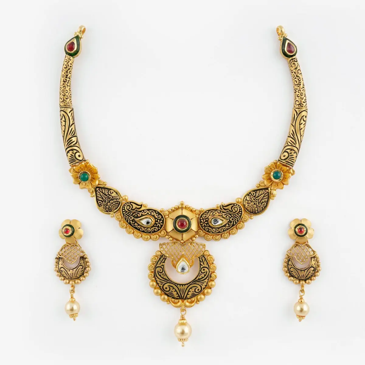 Amazing Gold Antique Necklace Set with Beautiful Meenakari Work