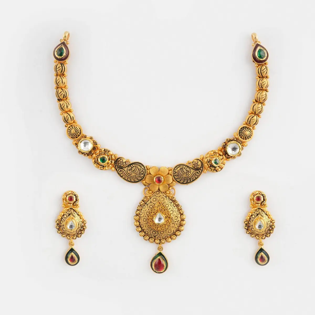 Elegant Gold Antique Necklace Set for Ladies with Meena Work & Amazing Kundan work