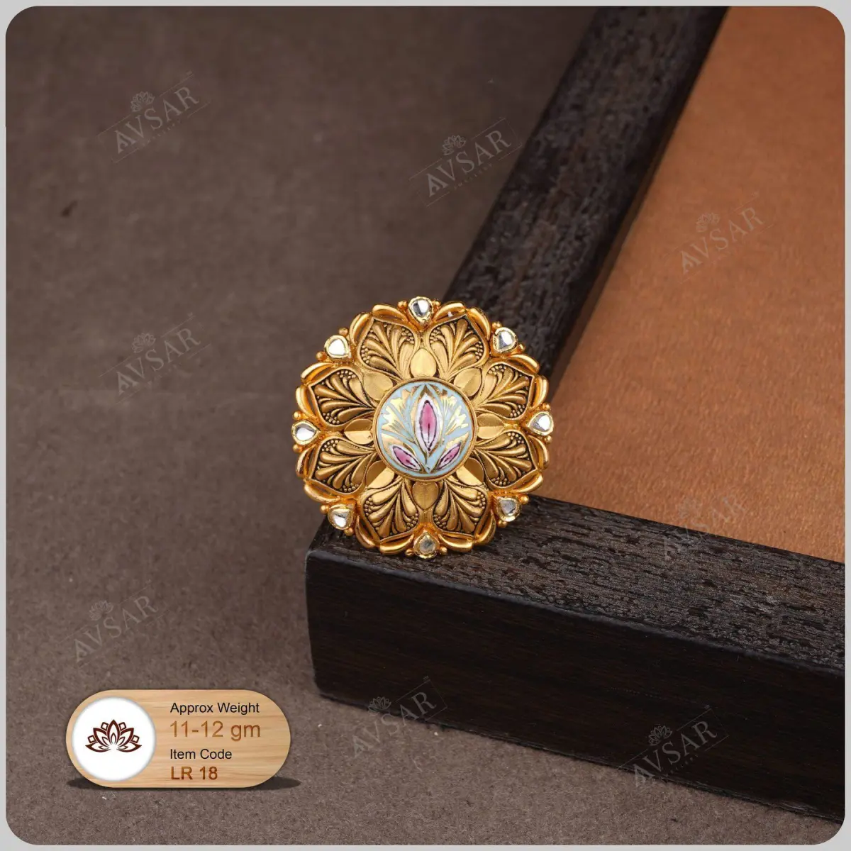 Elegant Gold Antique Ring with Meenakari work for Ladies